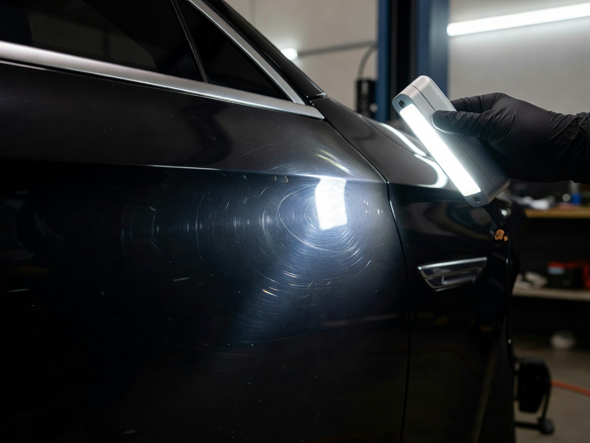 Technical detailing inspection light illuminating paintwork to reveal swirl marks
