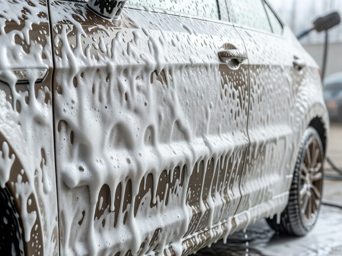 Thick snow foam applied to a vehicle panel during the pre-wash stage