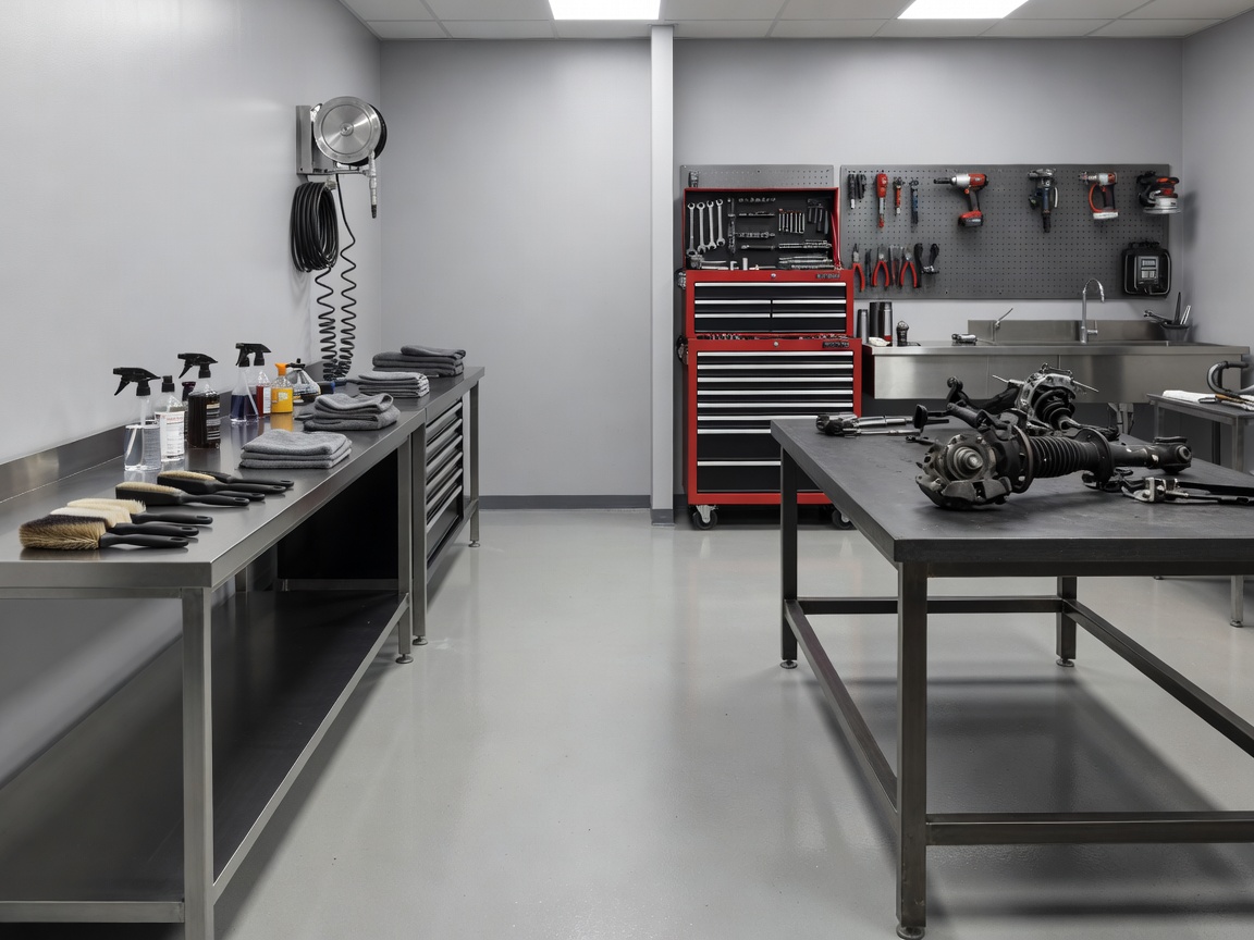 Clean, technical workshop environment showing detailing preparation bay